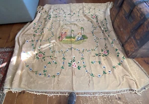 Antique Romantic Hand Painted Bed Coverlet from Italy Bedspread Textile Tapestry - Picture 1 of 24