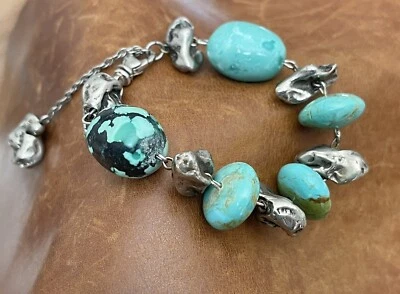 Vtg Silver Nickel Turquoise & Silver Beads Nuggets Turquoise Link Bracelet 7” in - Image 1 of 4