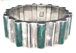 Signed Monteros Taxco Mexico 970 Sterling Silver & Malachite Statement Bracelet - Picture 1 of 11