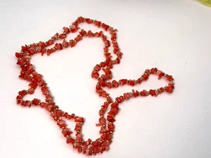 Vintage Necklace Coral Natural Stone Salmon Beaded Long Gold Metal Inserts - Picture 1 of 7