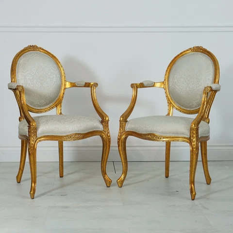 Pair of Mahogany Louis Carved Cameo Back Arm Chairs gold leaf damask fabric Cover