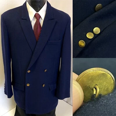Vtg BESPOKE Navy Blue Sport PEA COAT Double Breasted Jacket THICK Wool Blazer 40 - Image 1 of 4