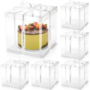 6 Pcs Clear Cake Box with Ribbon, 2-Layer Tall Cake Packaging Boxes 8x8x9 Inc... - Picture 1 of 7