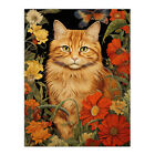 Ginger Tabby Cat Floral Painting Orange Red Spring Flower Wall Art Poster Print