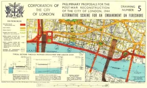CITY OF LONDON.Post-war Thames embankment proposed scheme 1944 old vintage map - Picture 1 of 2