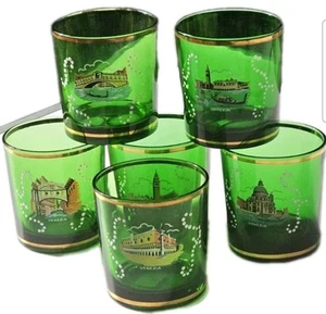 6 X Vtg Italian Venice Handblown Emerald Green & Gold Souvenir Drinks Glasses - Picture 1 of 7