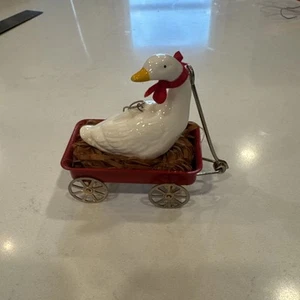 VTG Metal Red Wagon Christmas Ornament With Ceramic Duck Inside - Picture 1 of 4