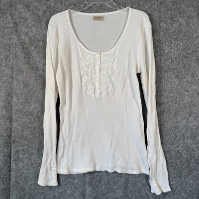 Y2K Lucky Brand Henley Waffle Knit Shirt Womens XL Top White Ruffle Boho Vtg - Image 1 of 4