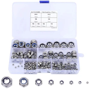 HAUSPROFI 170 Pcs Lock Nuts A2 Stainless Steel Locknut, 8 Sizes M2-M12 Nylon In - Picture 1 of 6