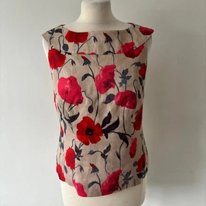 Laura Ashley Beige Red Floral Poppies Pure Linen Top Holiday Summer Size 12 VGC - Picture 1 of 10
