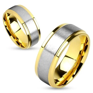 Stainless Steel 2-Tone Gold Plated with Silver Brushed Center Wedding Band Ring - Picture 1 of 1