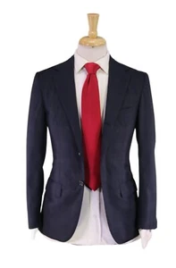 Sartorio Napoli Navy Blue Subtle Plaid Wool-Mohair 2-Btn Handmade Slim Suit 34S - Picture 1 of 13