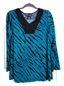 Top túnica estilo Susan Graver camisa tejida de viaje azul turquesa lentejuelas animales 1X - Imagen 1 de 4