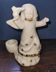 Angel Holding Dove White Gold Stars & Trim Taper Candle Holder 5 1/2" Glazed - Picture 1 of 4