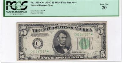 1934 $5.00 Fed Res Note  Fr. 1959-C* Wide Face Very Fine 20 PCGS - Image 1 of 2