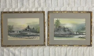 Signed UDOMRAKI VTG Set Of Two Asian Fishing Village Watercolor Landscape Framed - Picture 1 of 23