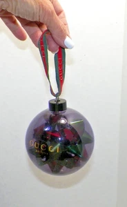 RARE 2013 GUCCI GRAY/PURPLE GLASS CHRISTMAS ORNAMENT W/RED & GREEN BOW W/BOX - Picture 1 of 5
