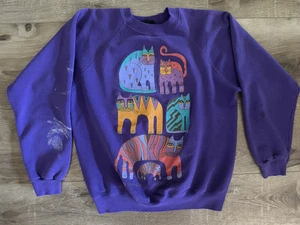 VTG Laurel Burch Sweatshirt Womens Large Purple Cat Raglan Made in USA - Picture 1 of 14