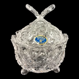 Vintage Bohemia Czech Republic Crystal Footed Candy Trinket Dish w/Butterfly Lid - Picture 1 of 15