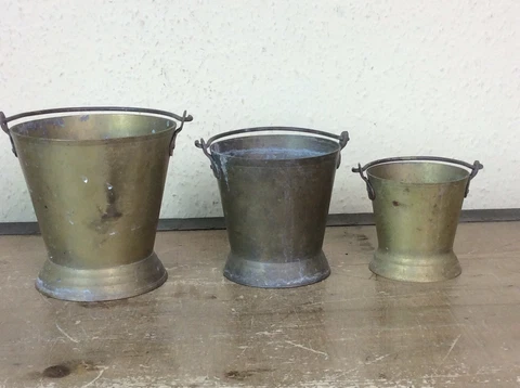3  VINTAGE BRASS BUCKETS IN GRADUATED SIZES, BRASS PLANTERS Cover