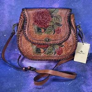 Patricia Nash Arezzo Painted Rose Tooled Leather Saddle Bag Gold Crossbody NWT - Picture 1 of 13