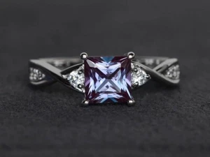 2Ct Princess-Cut Simulated Alexandrite Solitaire Wedding Ring 14K White Gold FN - Picture 1 of 5