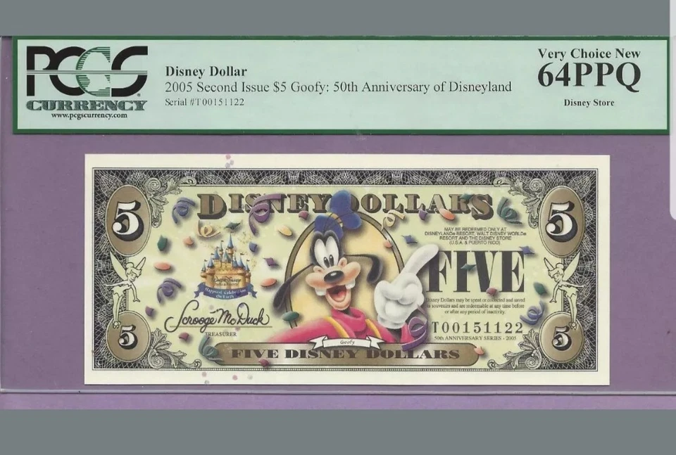 Superb Scarce Rare Exclusive 2005 Disney Dollar $5 Goofy 50th Anniversary PCGS64 - Image 1 of 1