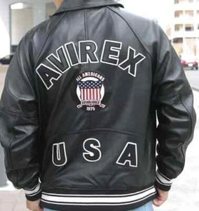 Mens Avirex Leather Real cowhide leather Bomber American Black Leather Jacket - Picture 1 of 4