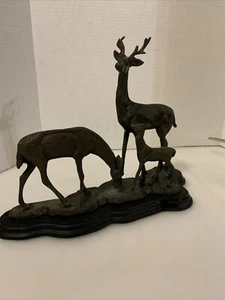Gatco Solid Brass Deer Family On Wooden Base- - Buck, Doe & Fawn - Picture 1 of 7
