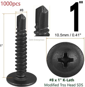 Modified Truss Head Self Drilling / Tapping Screws # 8 x 1" K-Lath Black (1000) - Picture 1 of 8