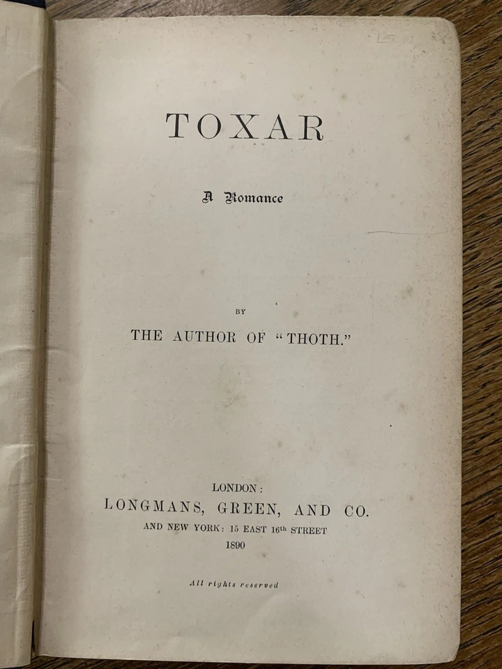 Toxar, a Romance. by the Author of "Thoth" [J. S. Nicholson] 1890 1st Ed Fantasy - Image 1 of 4