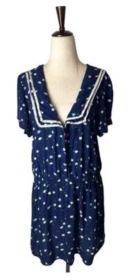 Free People 中号蓝色白色花卉领迷你复古波西米亚 Cottagecore — 第 1/4 张图片