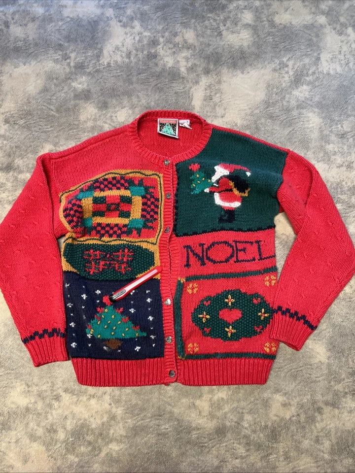 Vintage Christmas Sweater Woman's M Red Textured Cardigan *MISSING BUTTON* - Image 1 of 4