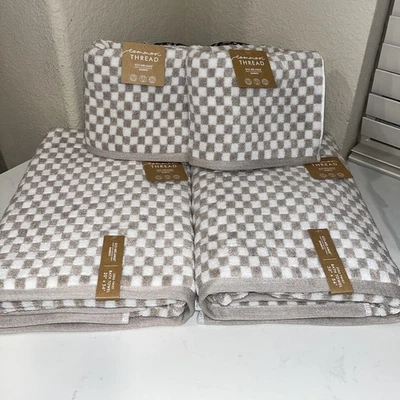 4-NWT COMMON THREAD MOCHA CHECKERED DESIGN TOWEL SET - Image 1 of 4
