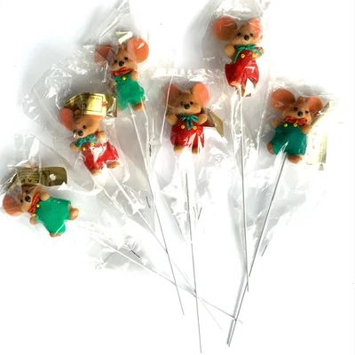 Lot of 6 Flocked mice mouse vintage cupcake cake toppers picks Figurines - Image 1 of 4