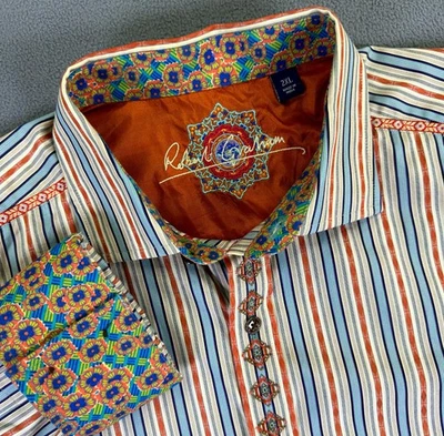 Camisa masculina Robert Graham 2XL laranja azul listrada colorida punho flip rave - Imagem 1 de 4