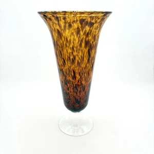 Art Glass Tortoise Vase Shell Speckled Brown Amber Flared Large Footed 14.5 Inch - Picture 1 of 11
