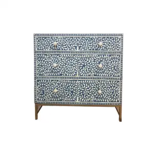 Bone Inlay Blue Chest Of Drawer Dresser Storage Cabinet Organizer W/ Brass Stand - Picture 1 of 4