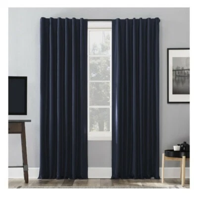 Sun Zero Navy Evelina Faux Dupioni Silk 100% Blackout Back Tab Curtain Panel - Image 1 of 4