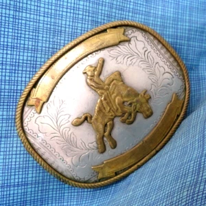 Rodeo Cowboys Bull Riding Trophy Belt Buckle Western German Silver Vtg .GMP099 - Picture 1 of 10