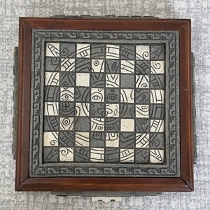 Beautiful Handcrafted Aztec Stone & Wood Chess Board Set Complete RARE! - Picture 1 of 18