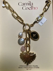 Camila Coelho Charm Necklace with Freshwater Pearl and Semi Precious Stone NEW - Picture 1 of 4