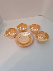 Vintage Fire King Peach Lustre Glassware Set of 4 Oven Ware Cups W/Saucers - Picture 1 of 6