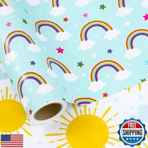 LeZakaa Reversible Baby Shower Wrapping Paper Roll, Sunny Yellow Suns and Rai - Picture 1 of 5