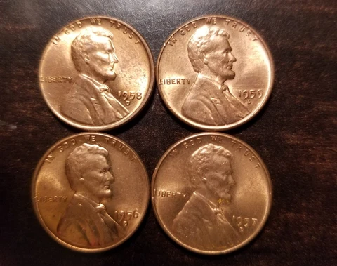 1956 D, 1957 D, 1958 D, 1959 D UNC  Lincoln Wheat Pennies Cover