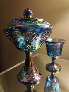 2 PC Indiana Harvest 🍇 Grape Style Carnival Glass Dish Bowl w Lid & Wine Glass! - Picture 1 of 11