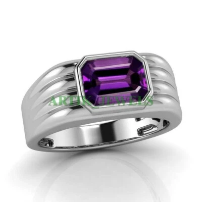 Natural Amethyst Gemstone with 14K White Gold Plated Silver Ring for Men's #34 - Image 1 of 4