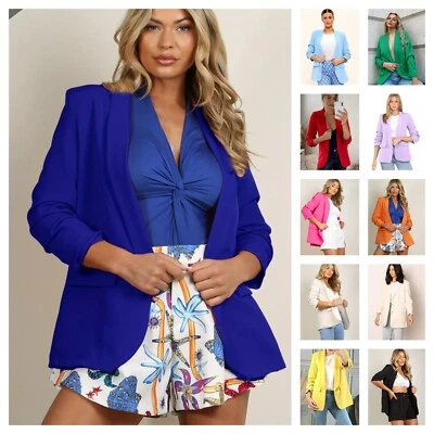 Womens Ruched Sleeve Fully Lined Blazer Collared Casual Formal Jacket Top UK - Image 1 of 4