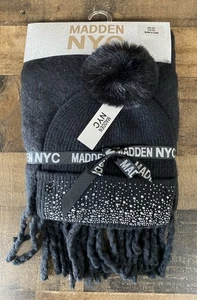 Madden NYC ~Women's Rhinestone Cuff Beanie w/ Supersoft Scarf ~ 2 pc~ Black~ New - Picture 1 of 10