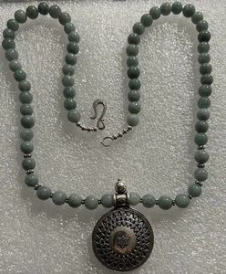 Vtg 925 Jadeite Jade 24” Necklace Silver Hook Clasp Beaded & Star Pendant 2.30oz - Picture 1 of 5